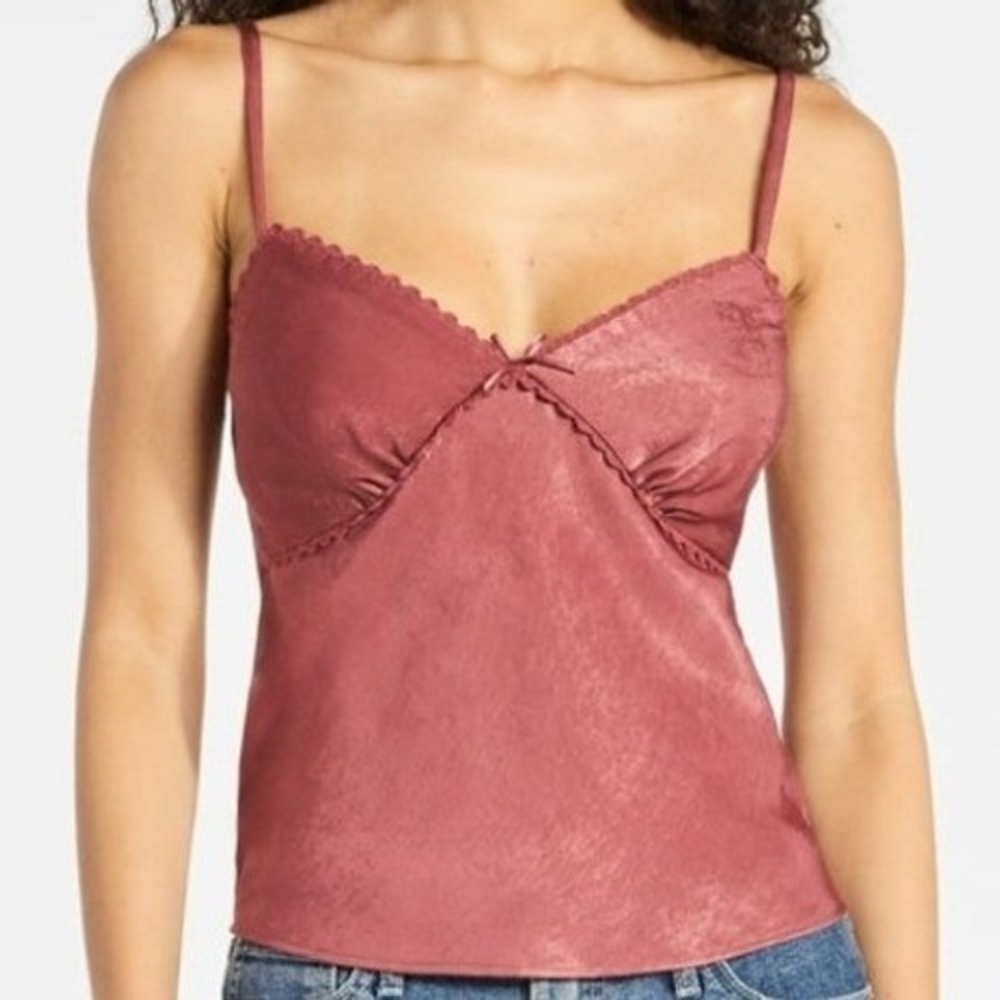 No Boundaries Lace Trim Satin Coquette Cami with Bow M (8-10) Warm‎ Rose NWT